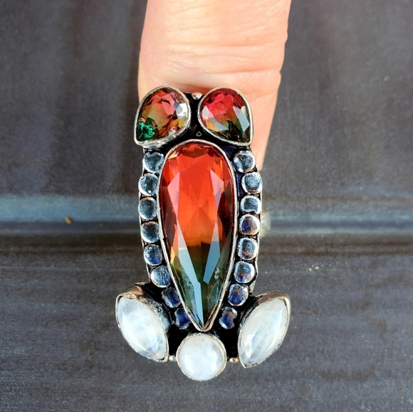New Bi-Color Tourmaline and Rainbow Moonstone 925 Silver Ring. - Picture 6 of 14